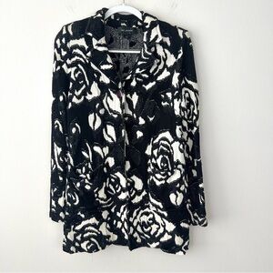 St. John Knit Floral Cardigan Sweater Jacket Black White